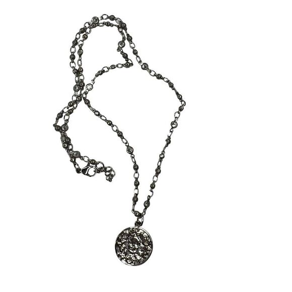 Skull Coin Necklace Rhinestones Silver Toned Layering‎ Chain - Picture 1 of 7